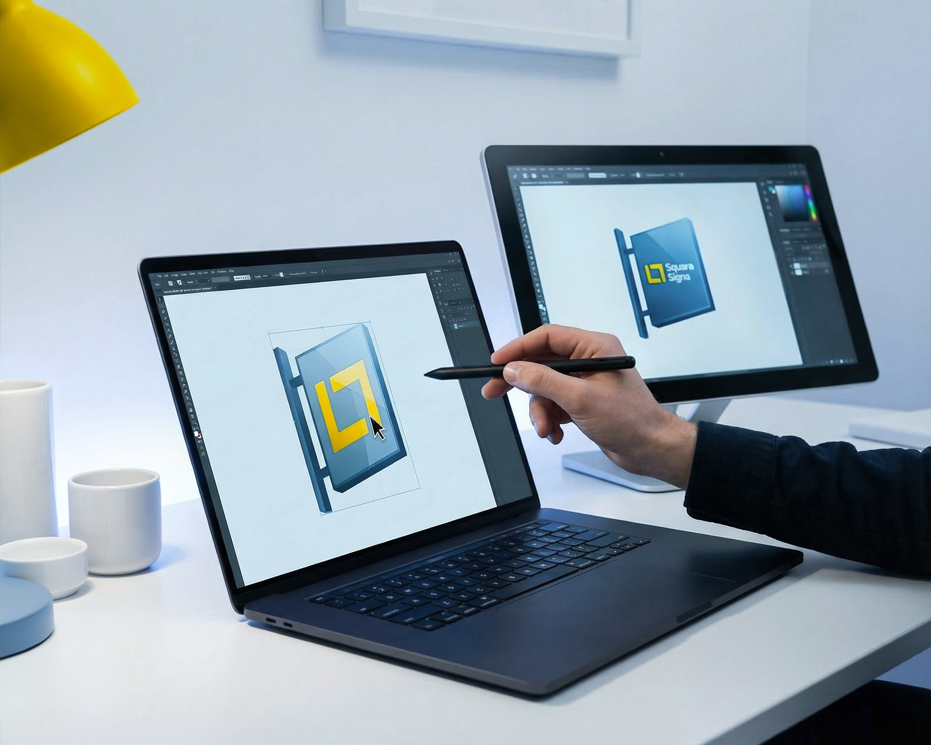 A professional designer creating a design on a laptop.