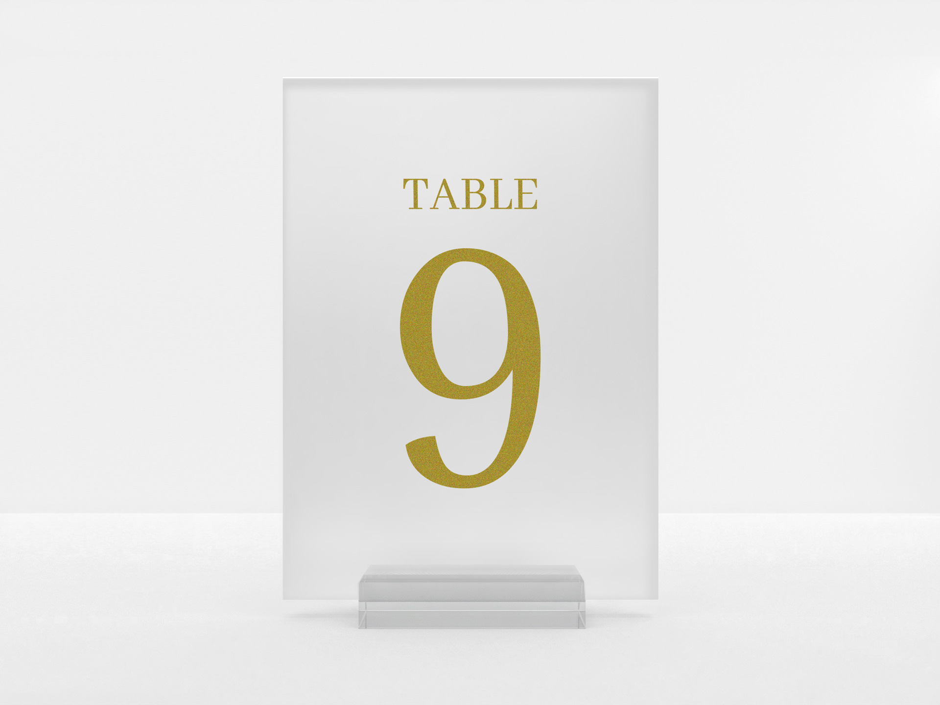 Frosted acrylic table number featuring glittery gold Table 9 lettering