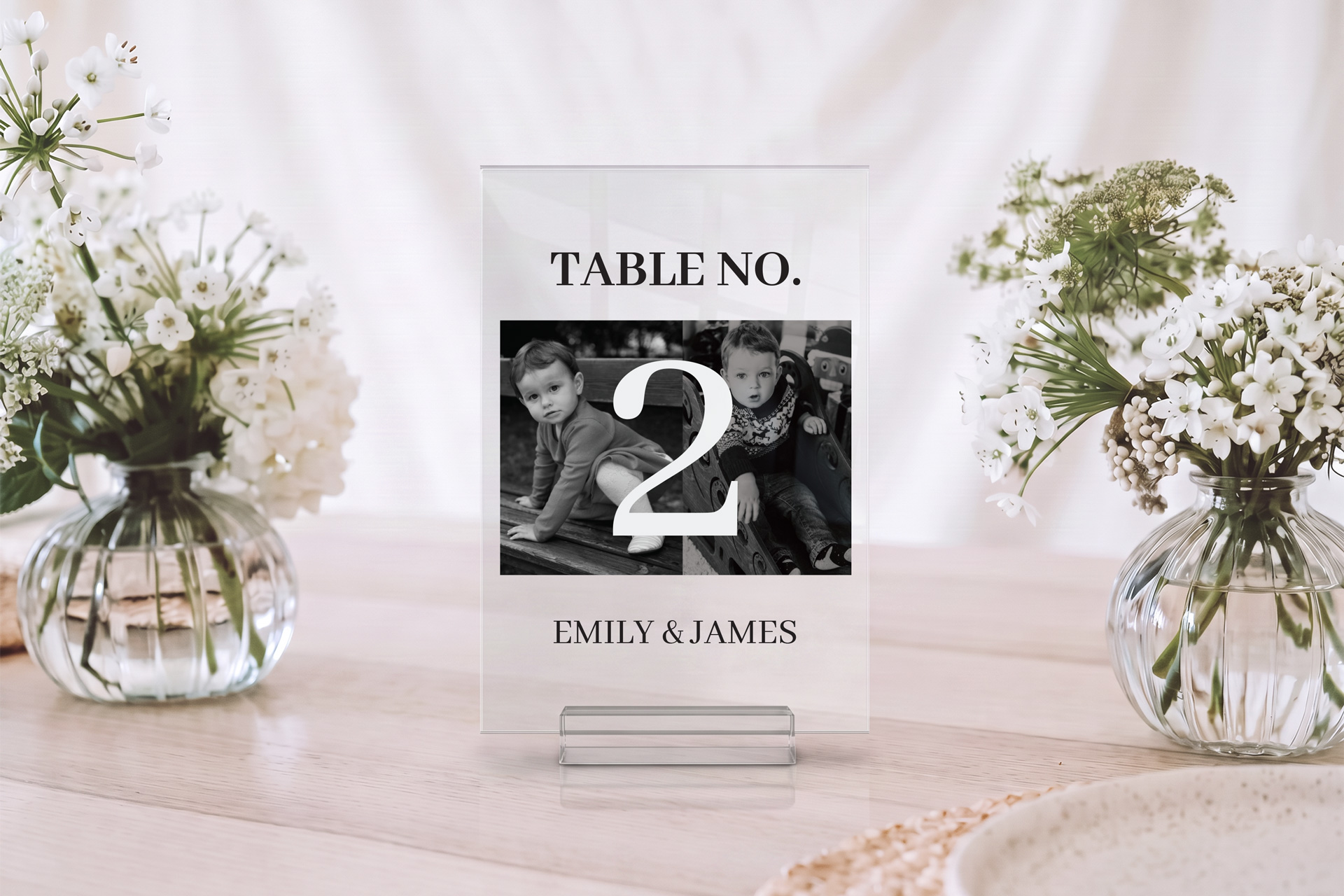 Frosted acrylic table number personalized with a couple photo