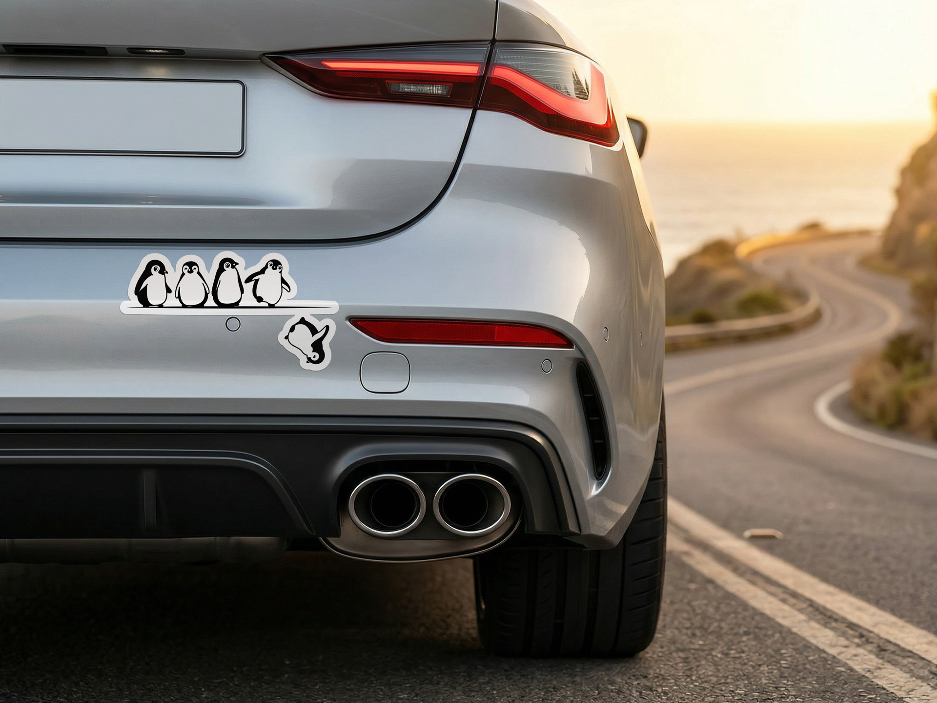 Five penguin on bumper sticker, one falling off the edge