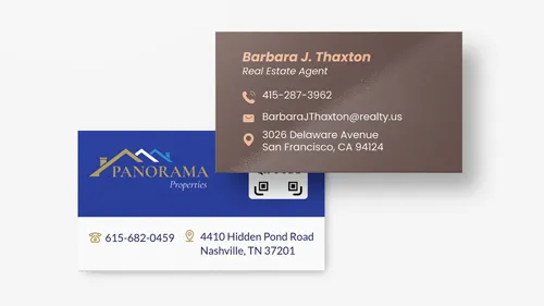 Double sided real estate business card in blue and brown with company name and logo