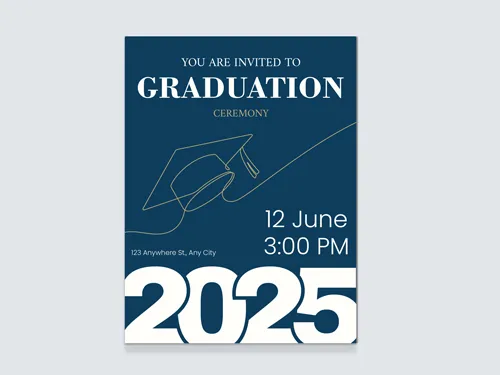 Graduation sign with bold year, navy background, and outlined cap illustration