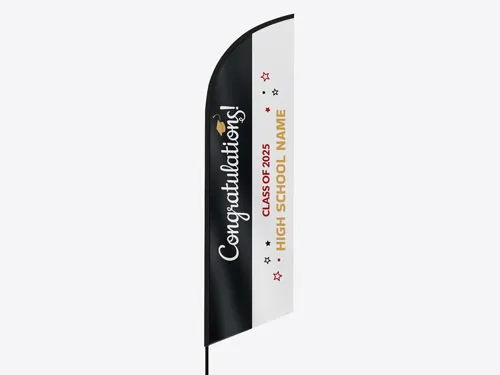 Graduation sign with black side panel, gold class text, and scattered red stars