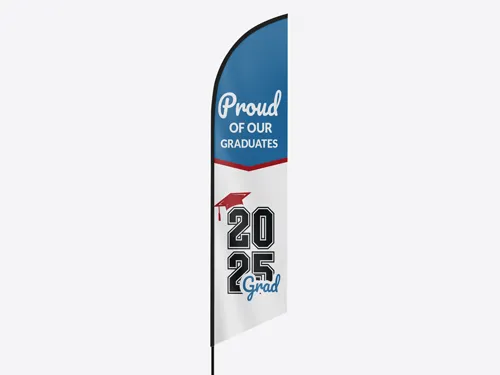 Graduation signage with proud message, red cap graphic, and bold class numbers