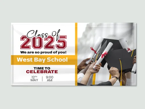 Graduation signage with raised diplomas group photo and school name in bold red and gold