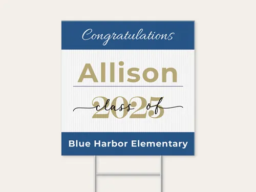 Graduation signage with gold text and bold blue school banner design