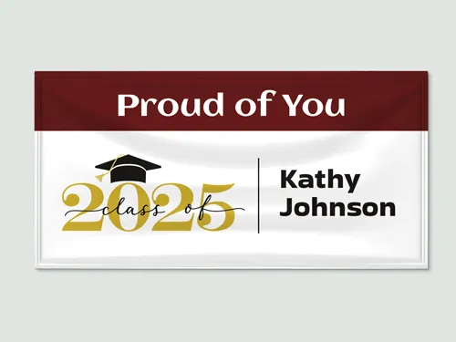 Graduation signage with bold, gold typography and Proud of You message on red accent