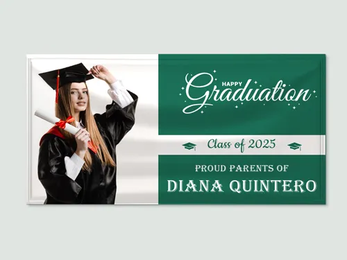 Graduation signage with green layout and graduate holding diploma in cap and gown