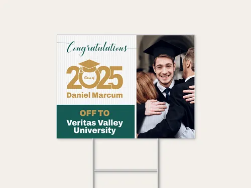 Graduation signage with hugging graduate image and  gold typography