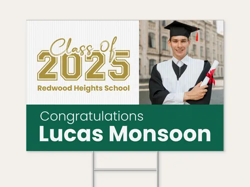 Graduation signage featuring graduate image with green and gold school layout