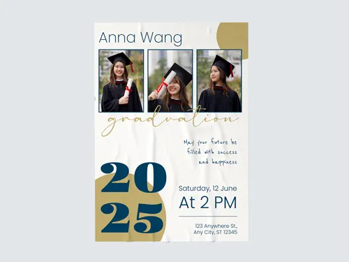 Graduation sign with three photo collage, large bold year text, and elegant script details
