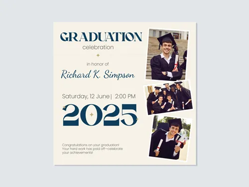 Graduation sign with polaroid-style photo strip and navy serif class numbers design
