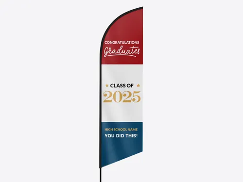 Graduation signage with bold gold numbers, red top, and blue bottom congratulatory message