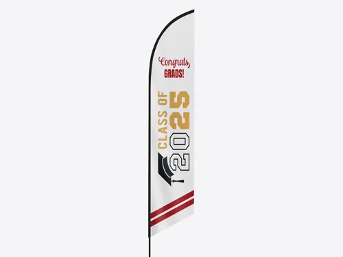 Graduation sign with vertical gold numbers, red angled stripes, and bold black cap icon