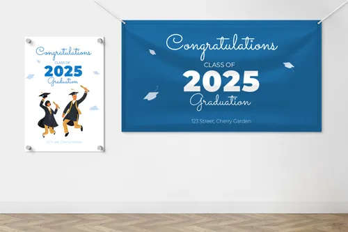 Congratulations graduation signs with blue background and illustrated graduates