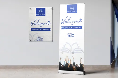 Graduation welcome signs with cap graphics, bold text, and book illustration in blue tones