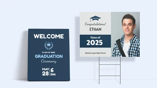 Graduation signs with welcome message and photo display for the event