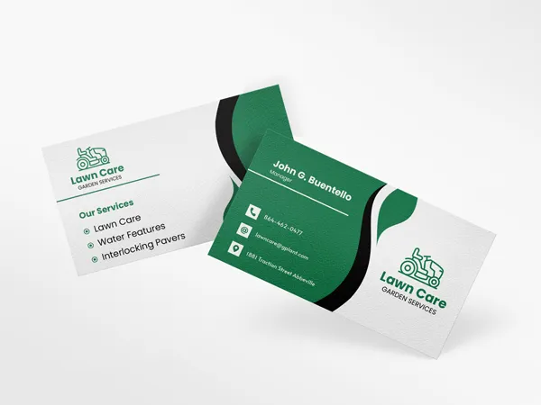 Green and white lawn care business cards with available services and contact details