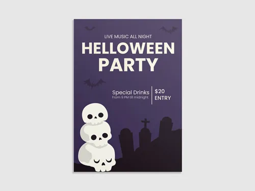Purple foam board sign with a Halloween party details.