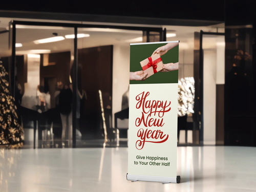 Indoor retractable banner with “Happy New Year” message and hands exchanging a red gift box.