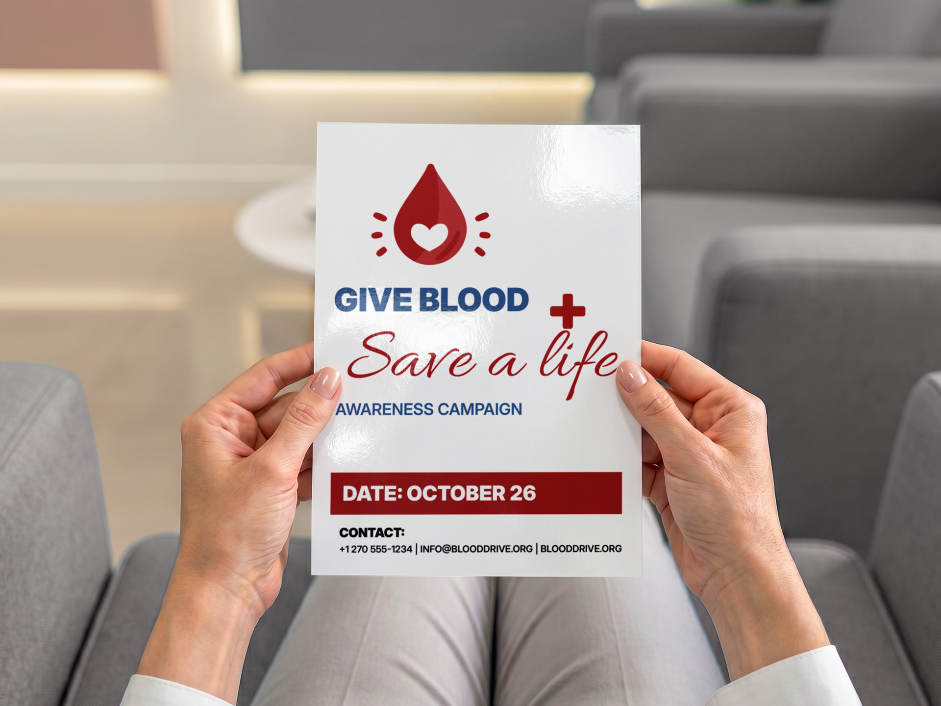 Promotional flyer with give blood, save a life message