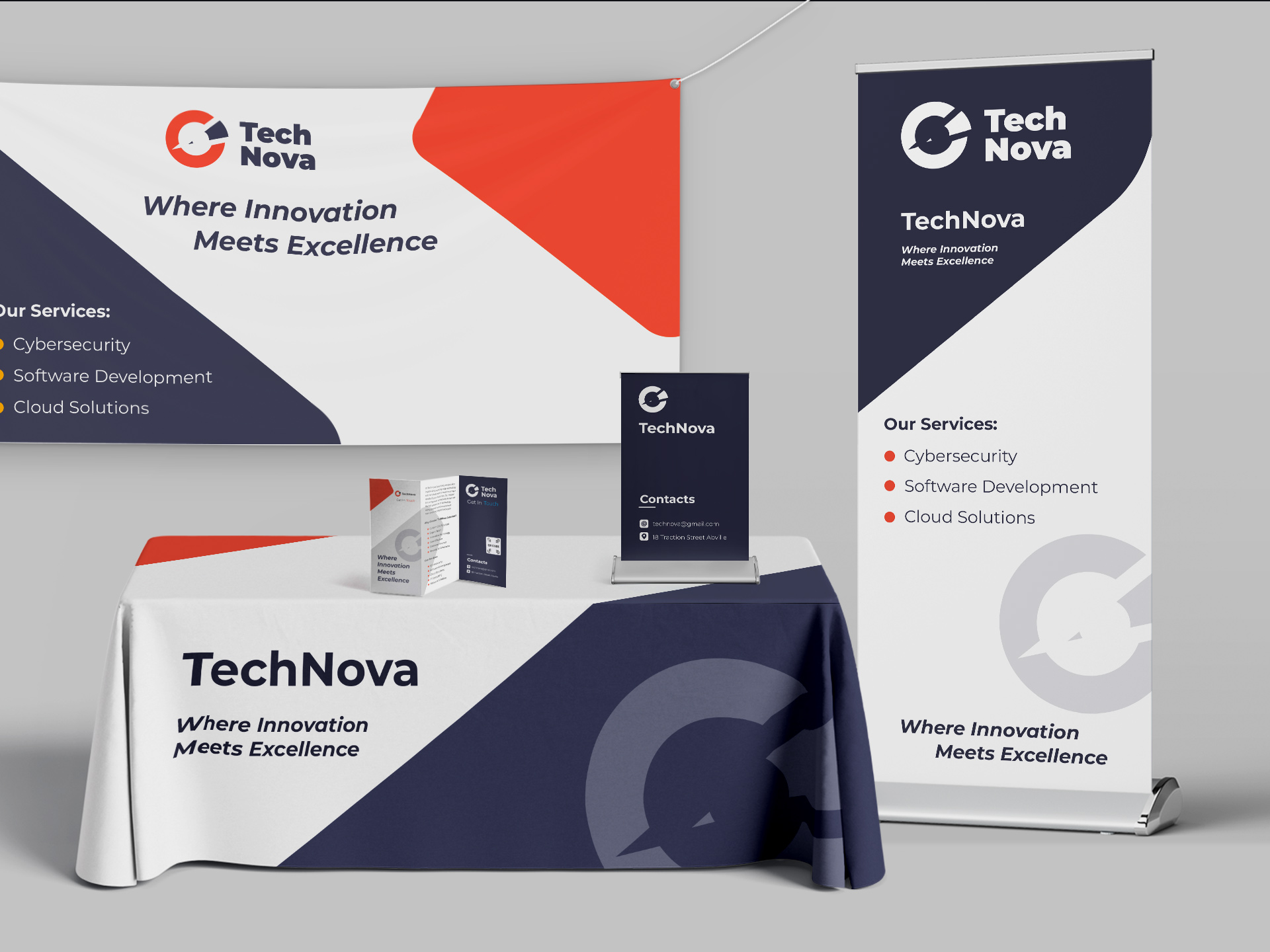 Branded trade show set with vinyl banner, retractable banner, table cover and table sign