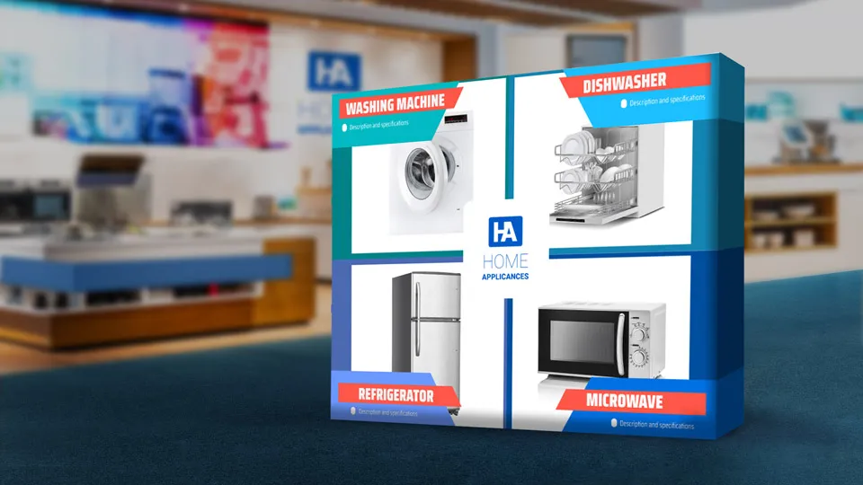 Promotional pop up banner with LED lights displaying a logo and products.