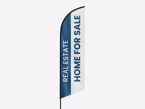 Real estate feather flag promoting a property for sale with a contact number.