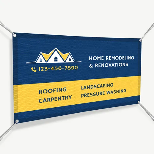 Mesh outdoor banner for home remodeling and renovations in blue and yellow