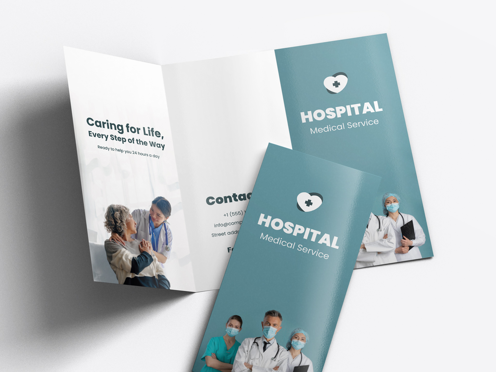 Hospital brochure printing with medical staff images and healthcare service information.