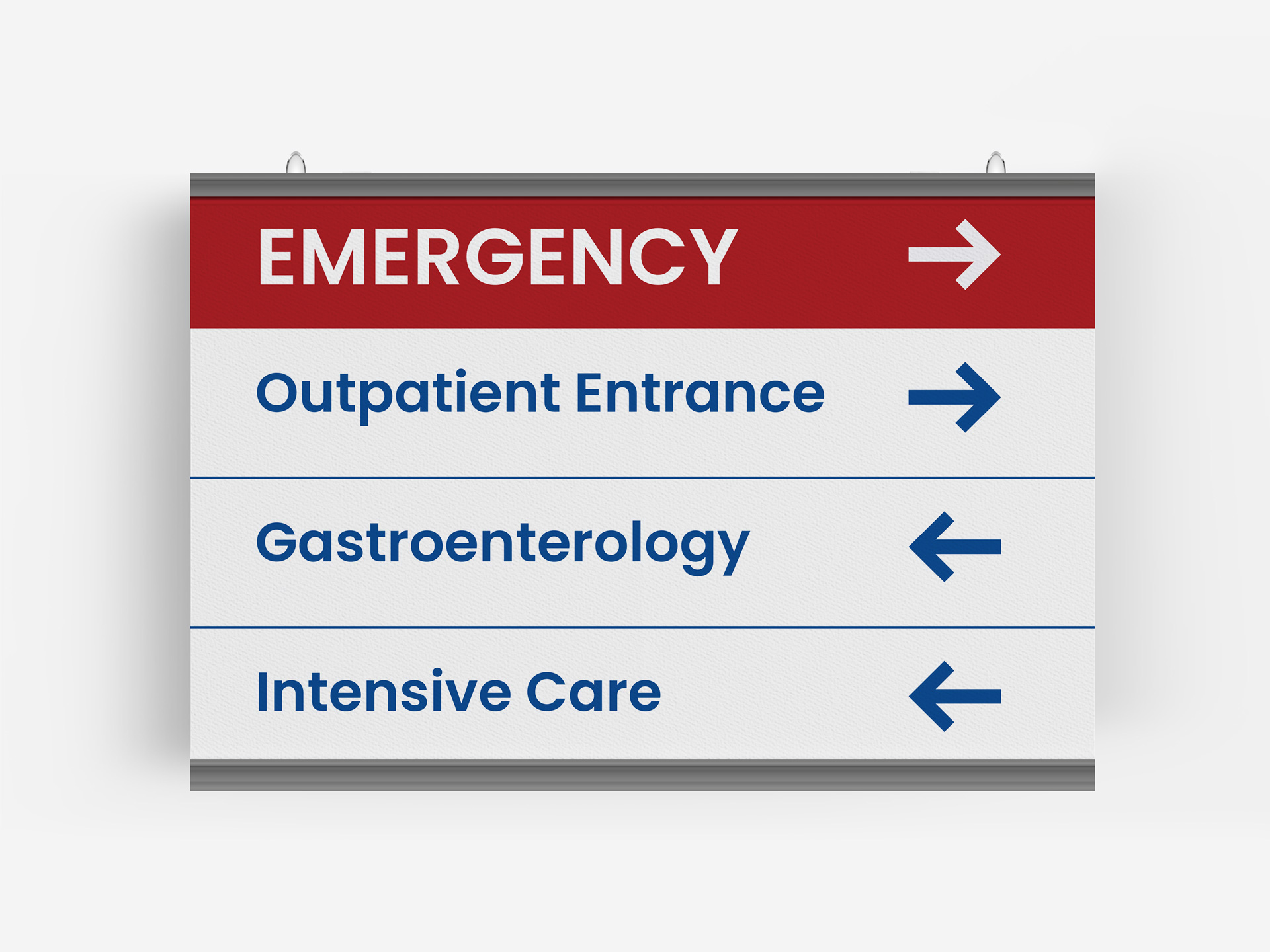 Hospital navigational hanging sign directing emergency, outpatient, and intensive care.