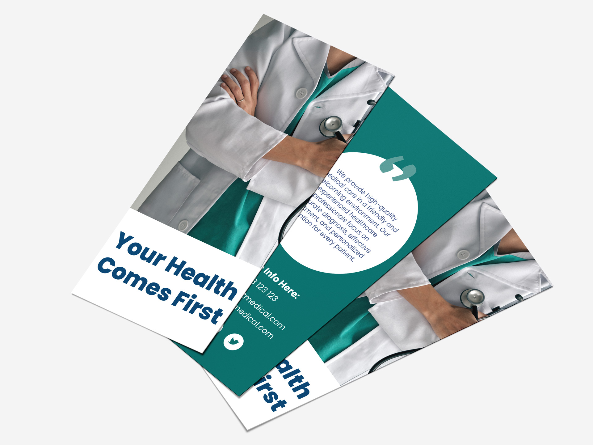 Medical rack cards promoting healthcare services with doctor imagery and clinic branding.