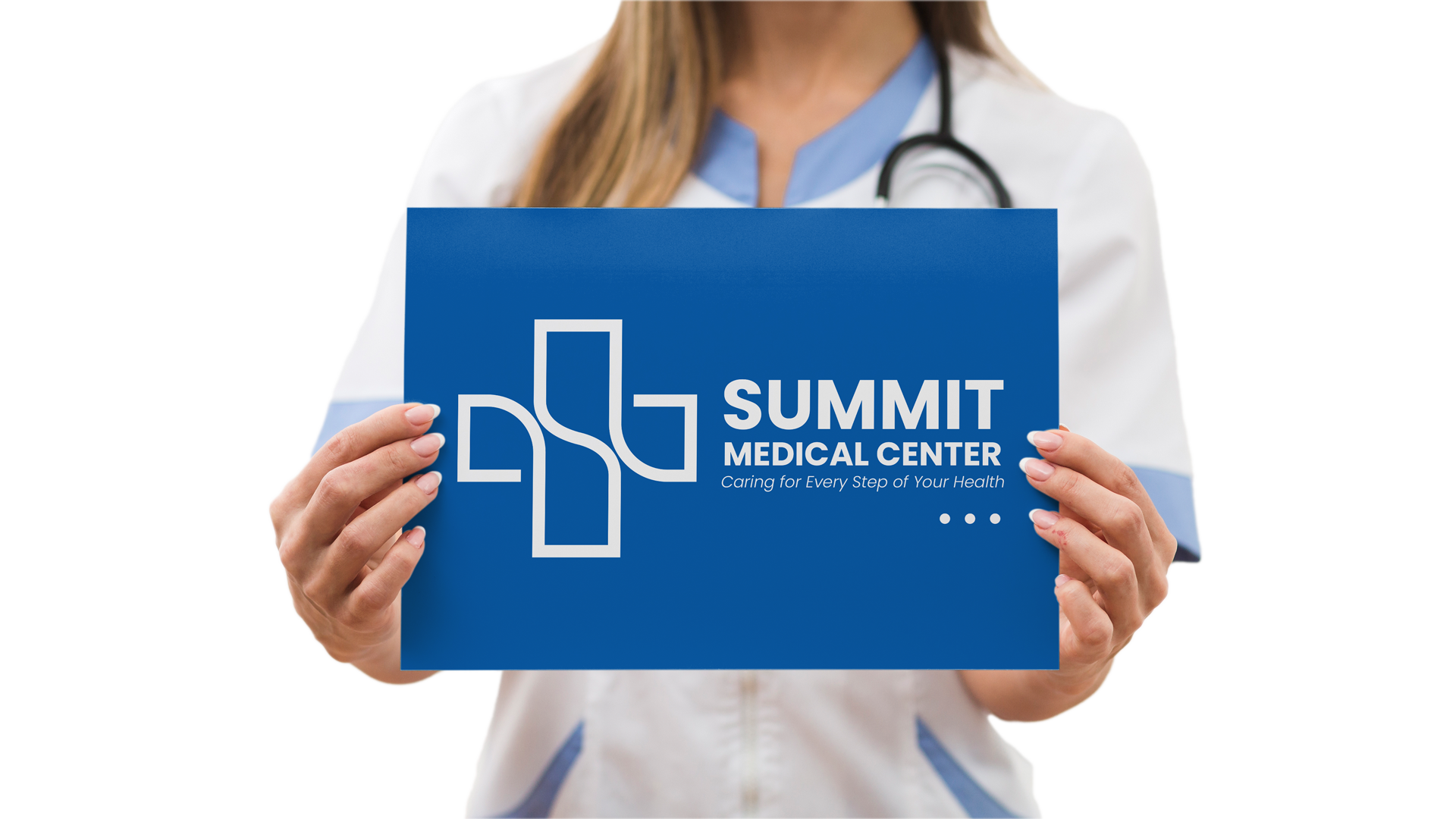 Medical professional holding custom hospital sign with clinic logo and healthcare branding.