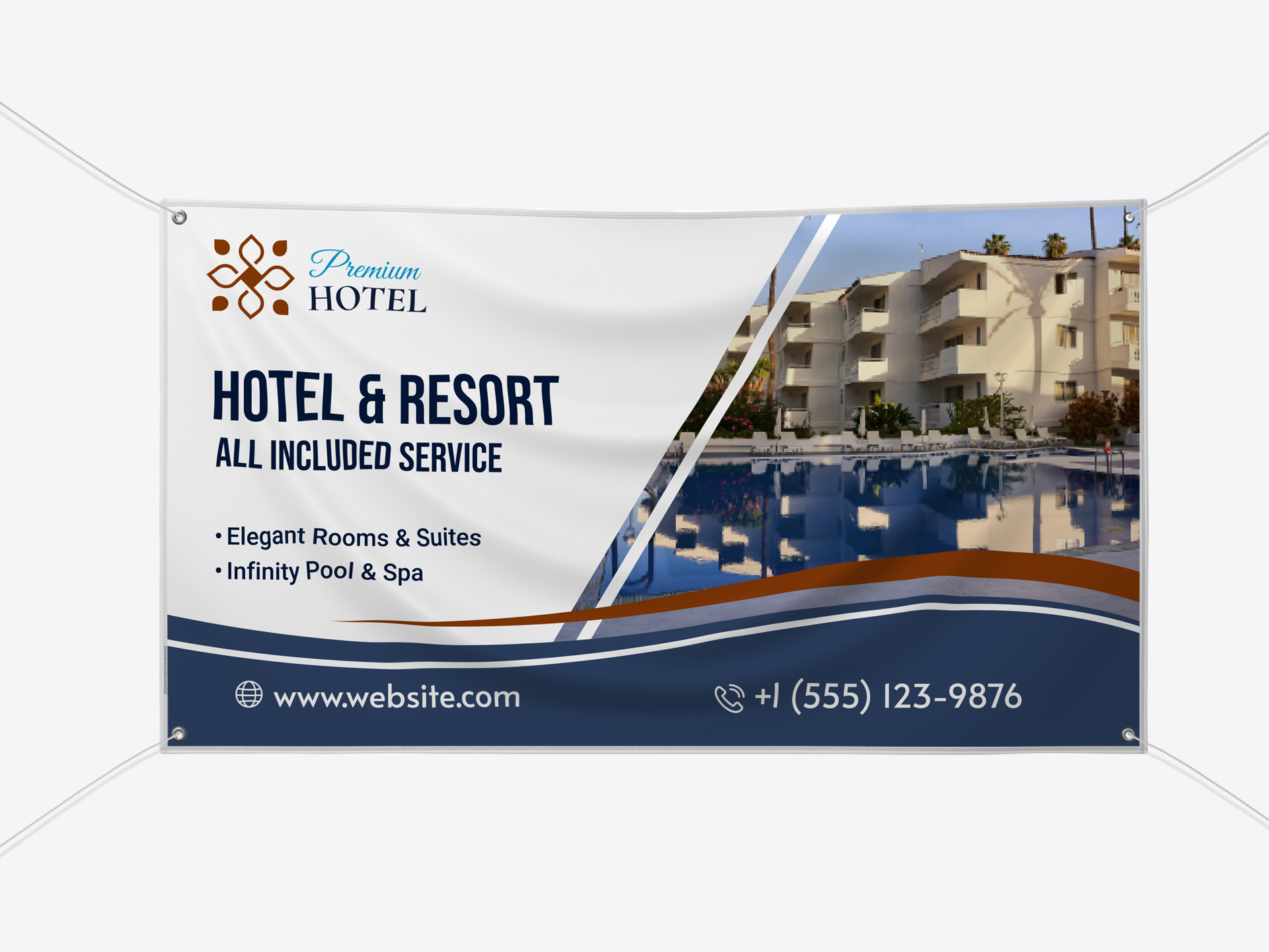 An advertising fabric banner promoting services of hotels and resorts.