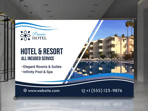 Hotel lobbies backlit SEG fabric display with Premium Hotel branding elements.