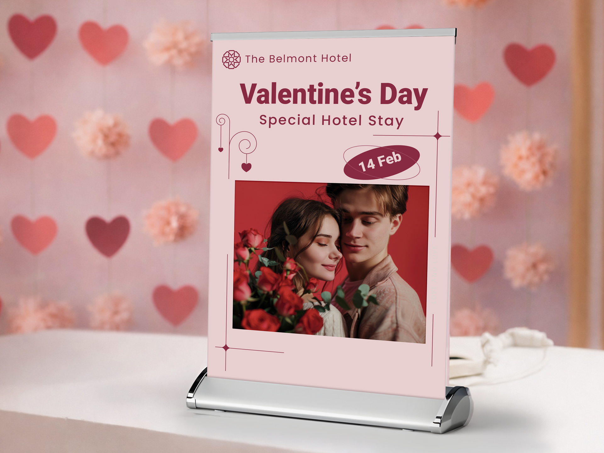 Valentine’s Day hotel tabletop banner promoting romantic stay