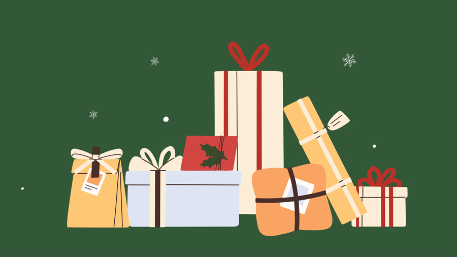An illustration of wrapped Christmas presents on a dark green background.
