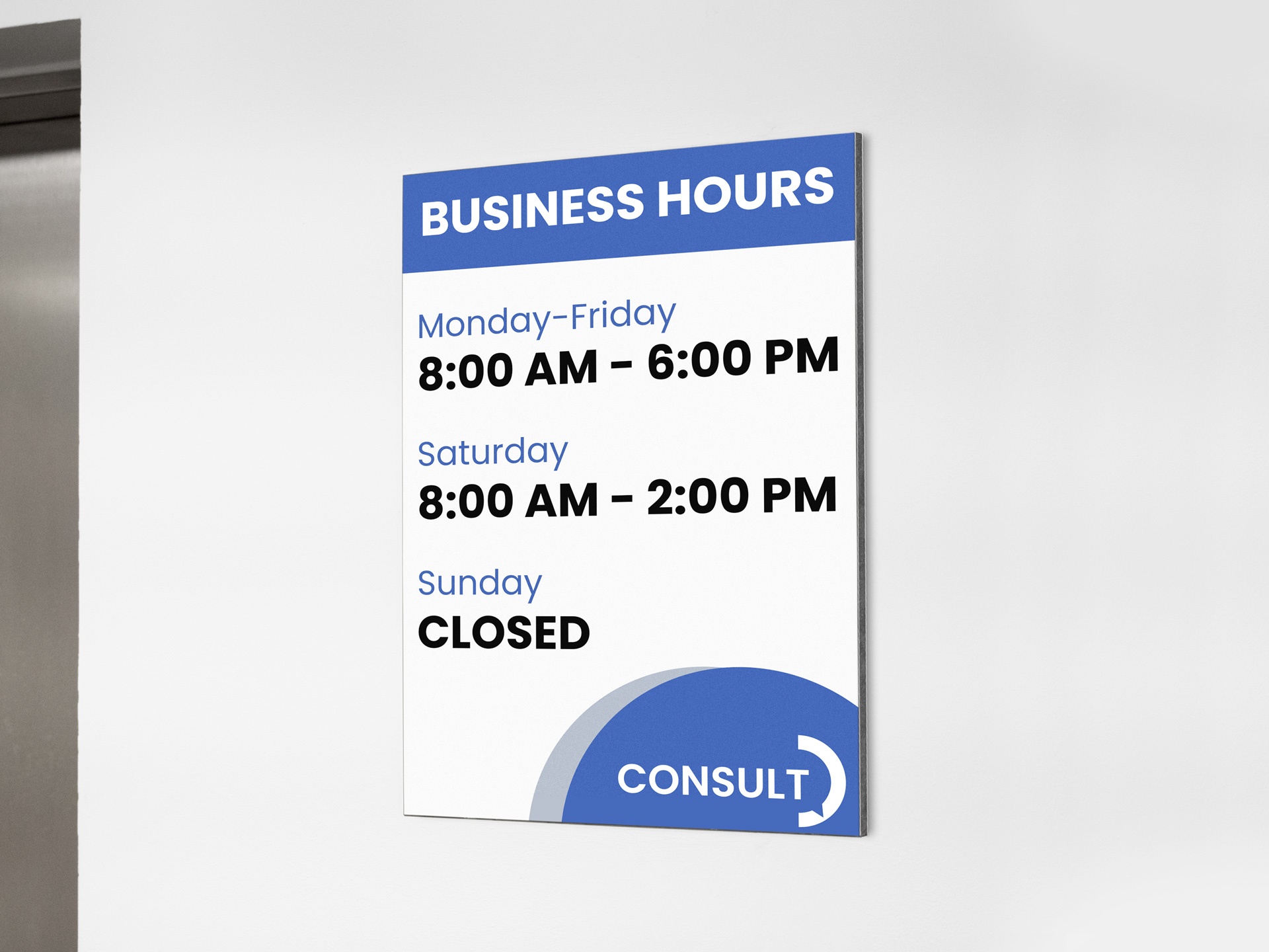 An informative gator board sign mounted on the office wall reads the business hours of the center