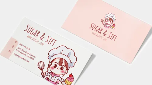 Bakery business cards in light pink featuring an illustration
