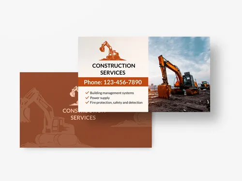 Building business cards with imagery of construction machinery and company branding