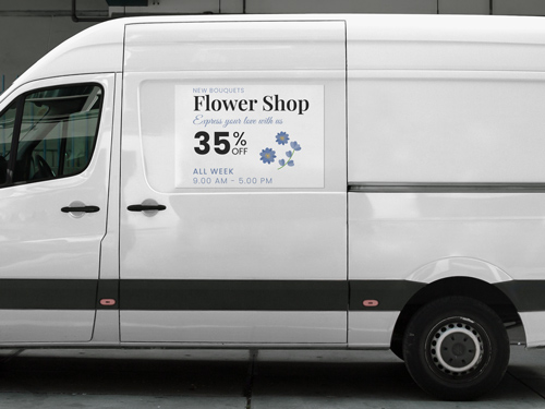 Magnetic sign for a van reading Flower Shop and 35% off promotional message.