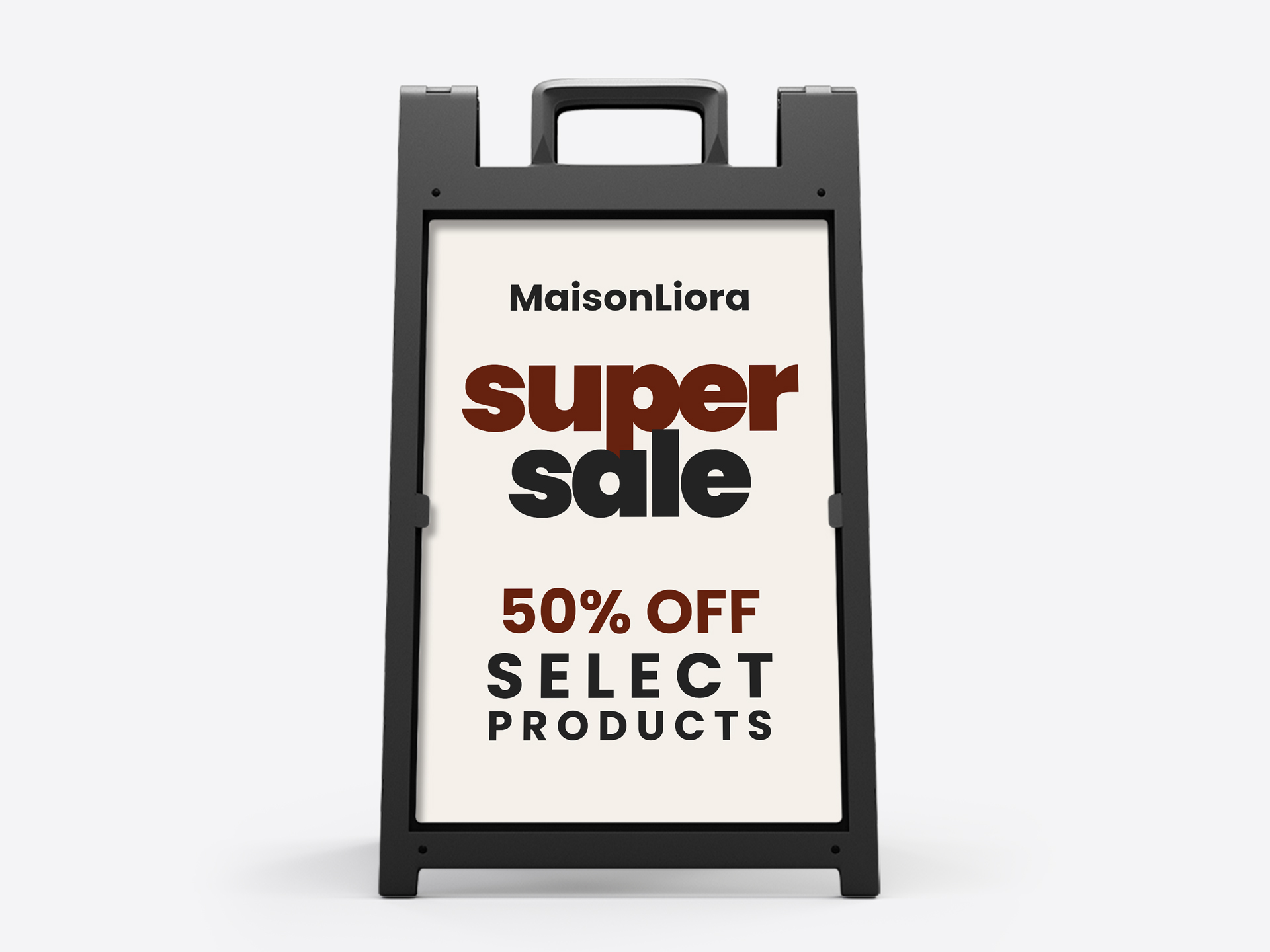 Retail sandwich board sign promoting super sale with 50 percent off products.