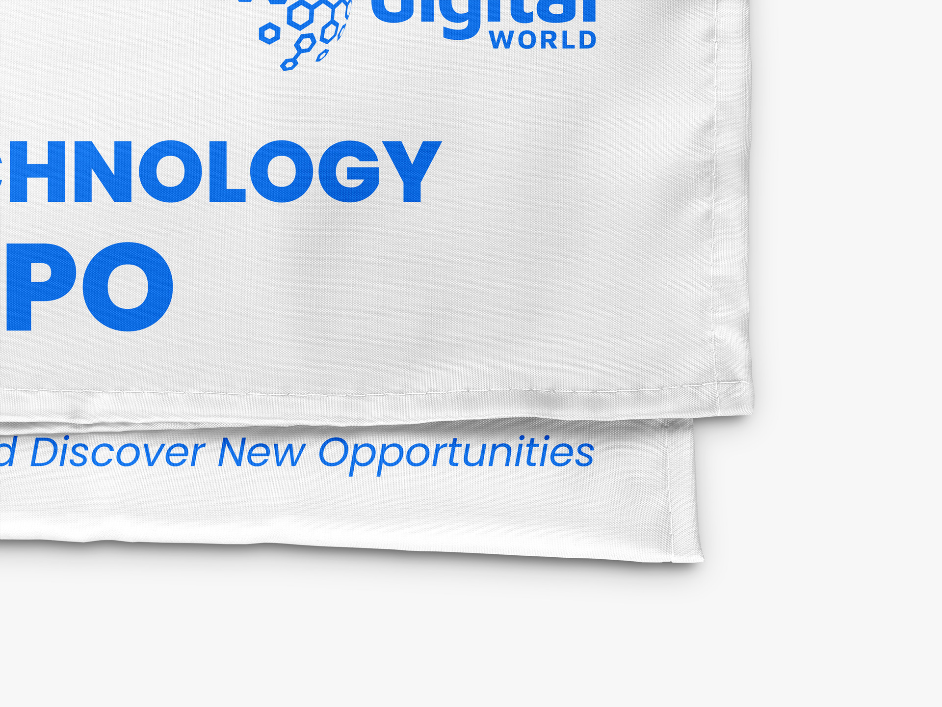 A close up of rectangle white rectangle flag material with blue printing 