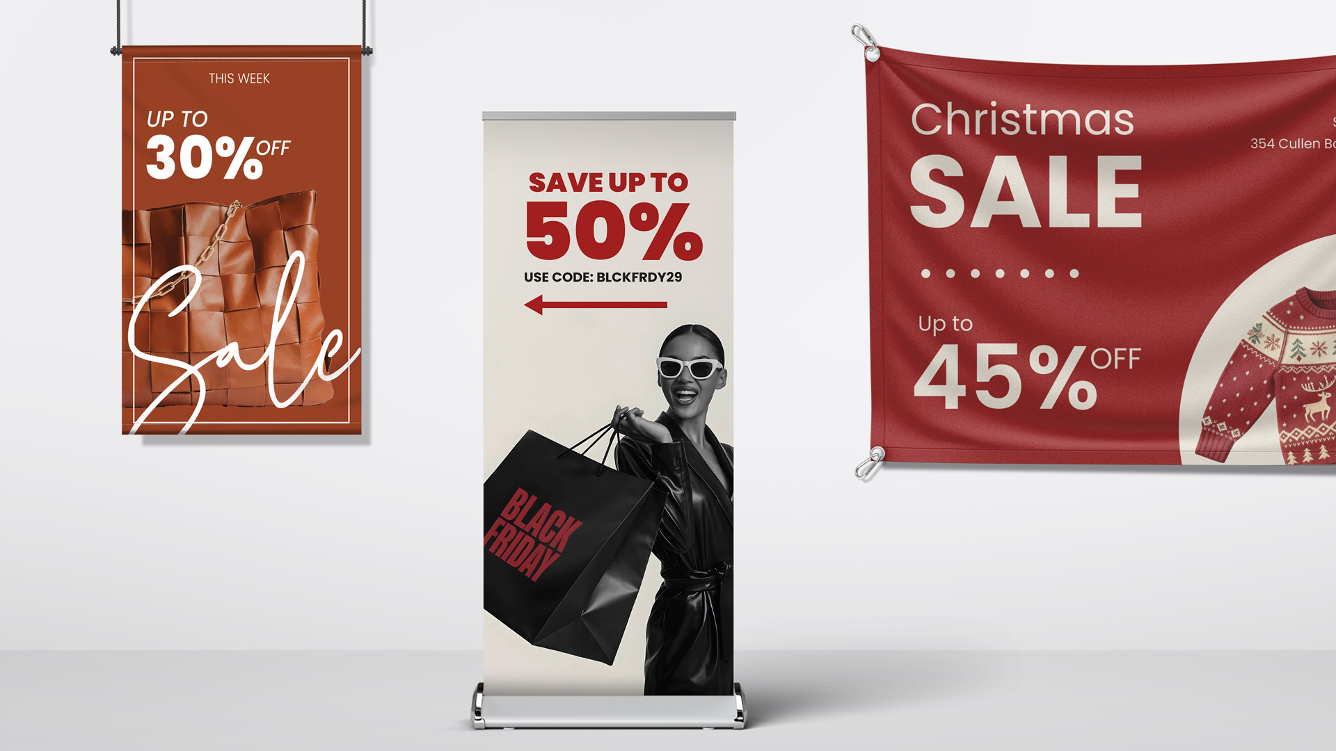 Retail store sign, banner and poster with different materials and sizes.