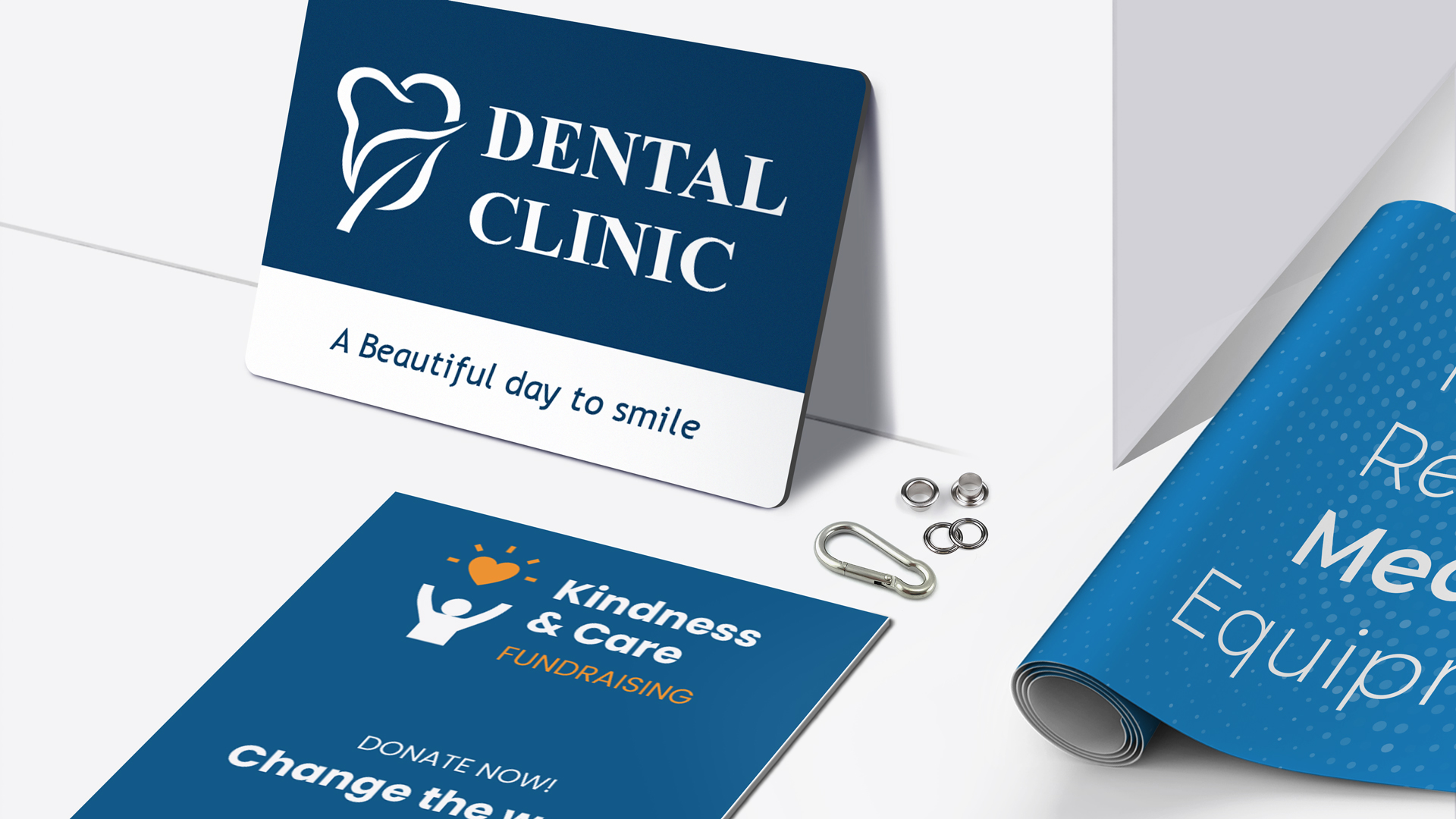 Medical office signage materials and sizes featuring dental clinic sign and fundraising display.