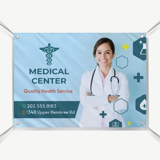 Custom business banner for medical center made of mesh material  featuring contact details