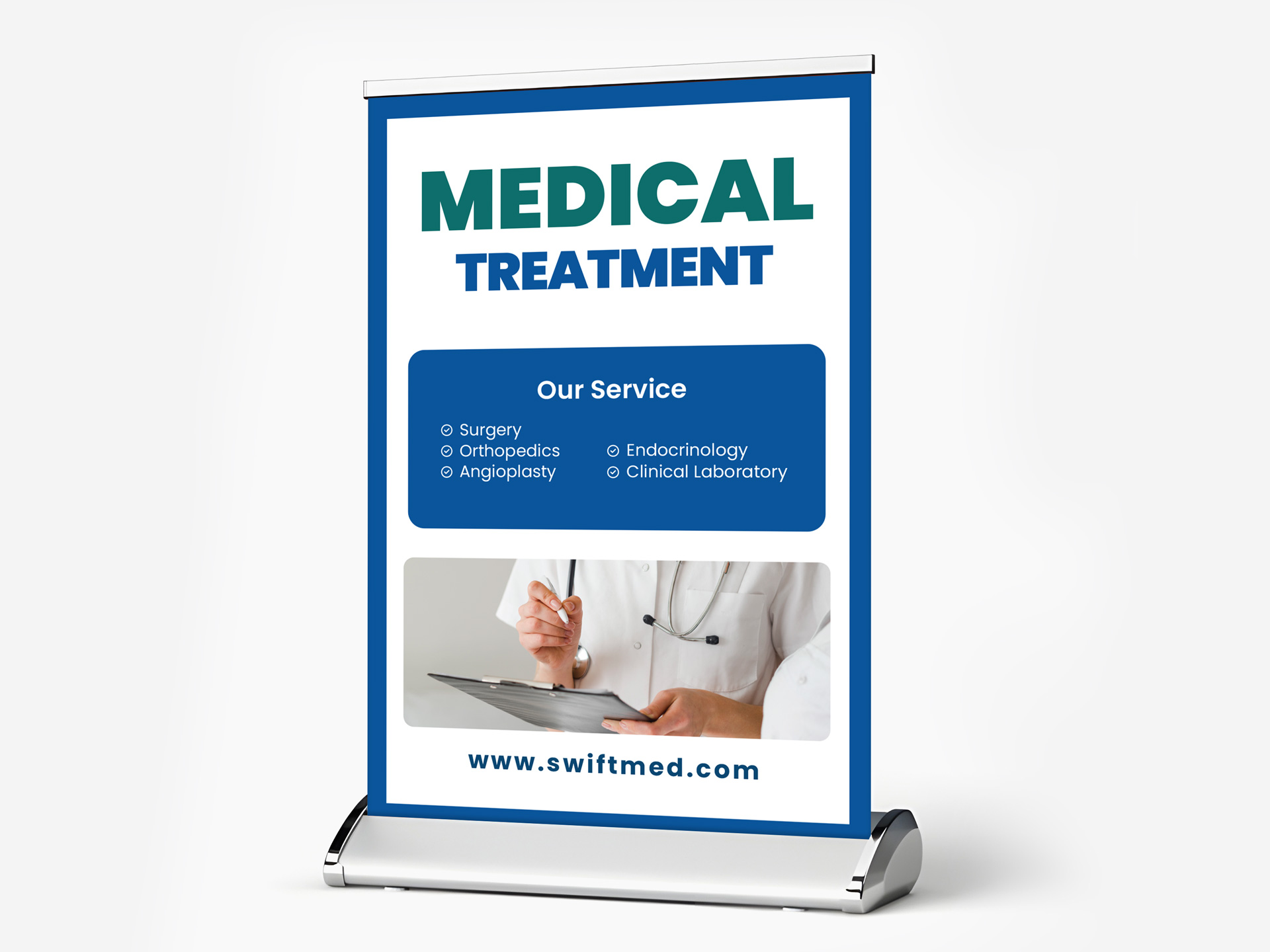Tabletop retractable banner advertising medical treatment and healthcare services.