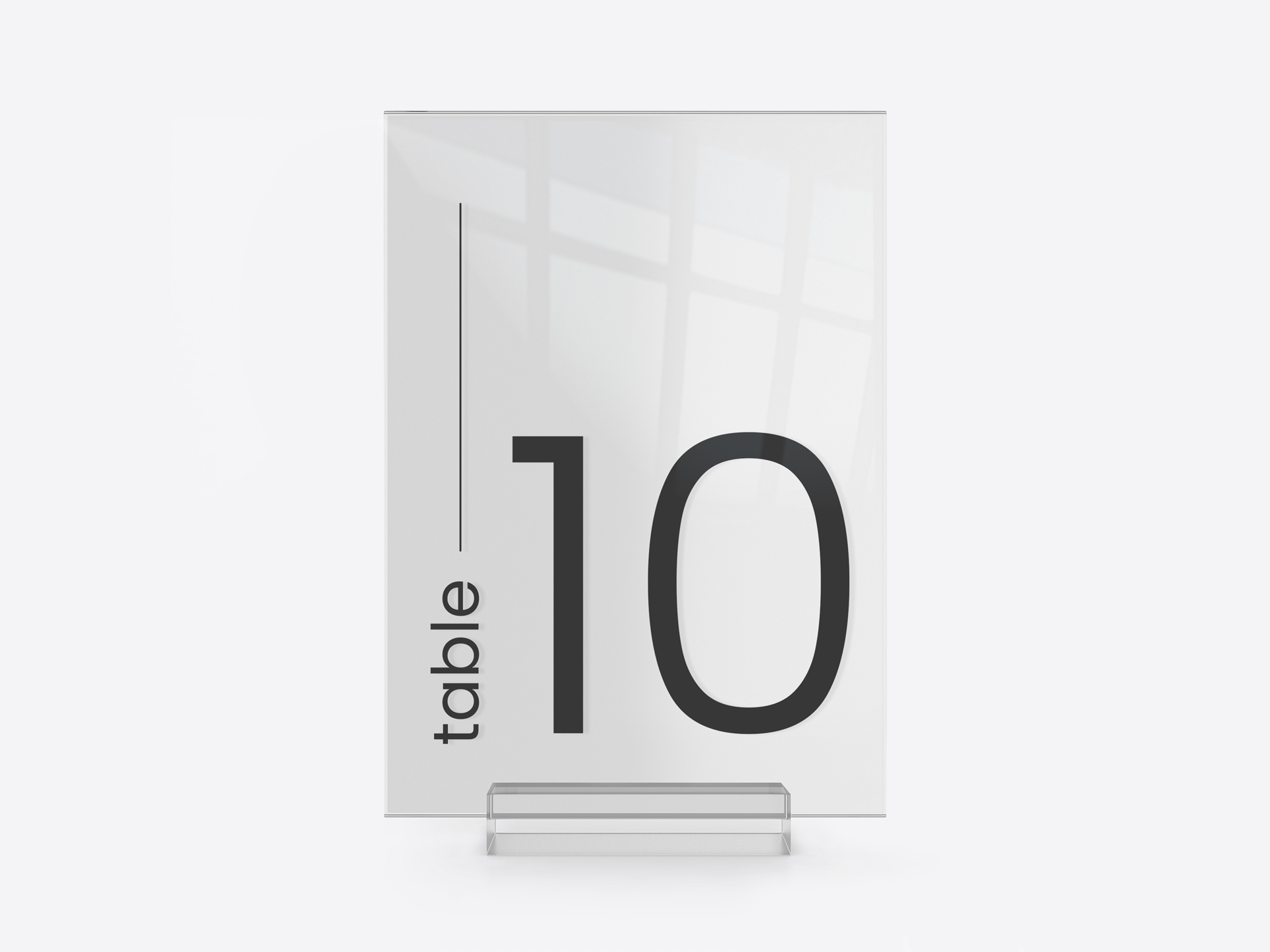 Clear acrylic table number displaying table 10 in bold modern sans-serif type