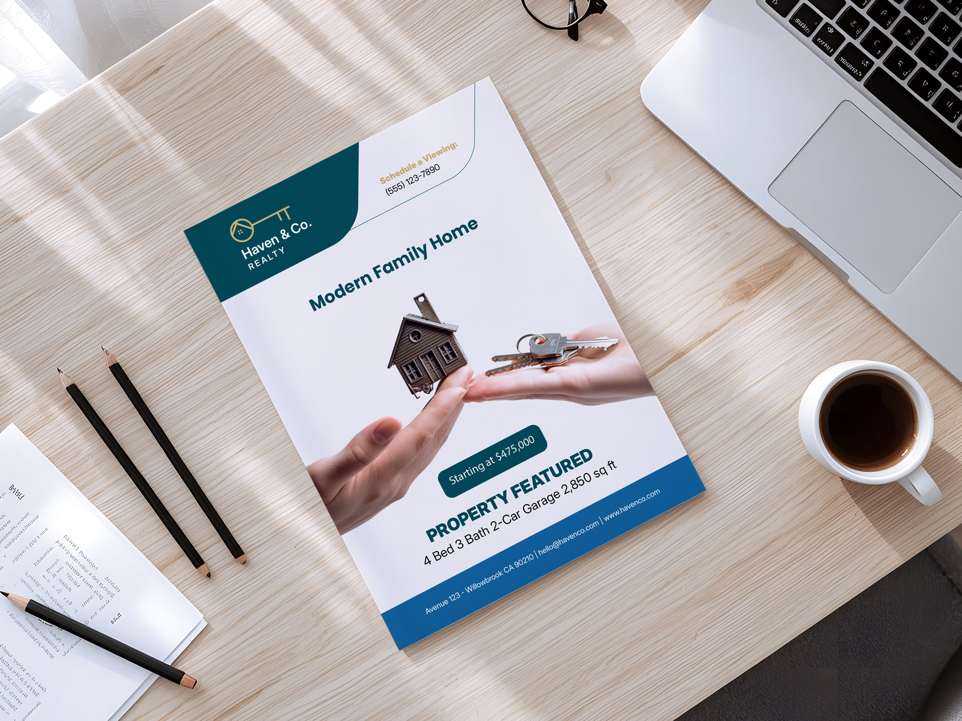 Business flyer printing for a Modern Family Home enumerating property specs