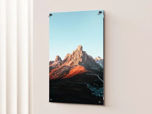 Metal photo print on aluminum panel featuring a stunning mountain landscape, wall-mounted for modern home or office décor.